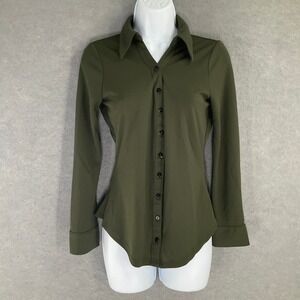 ZARA Top Womens Sz S Long Sleeve Button Up Shirt Olive Green 90s Style Slimming
